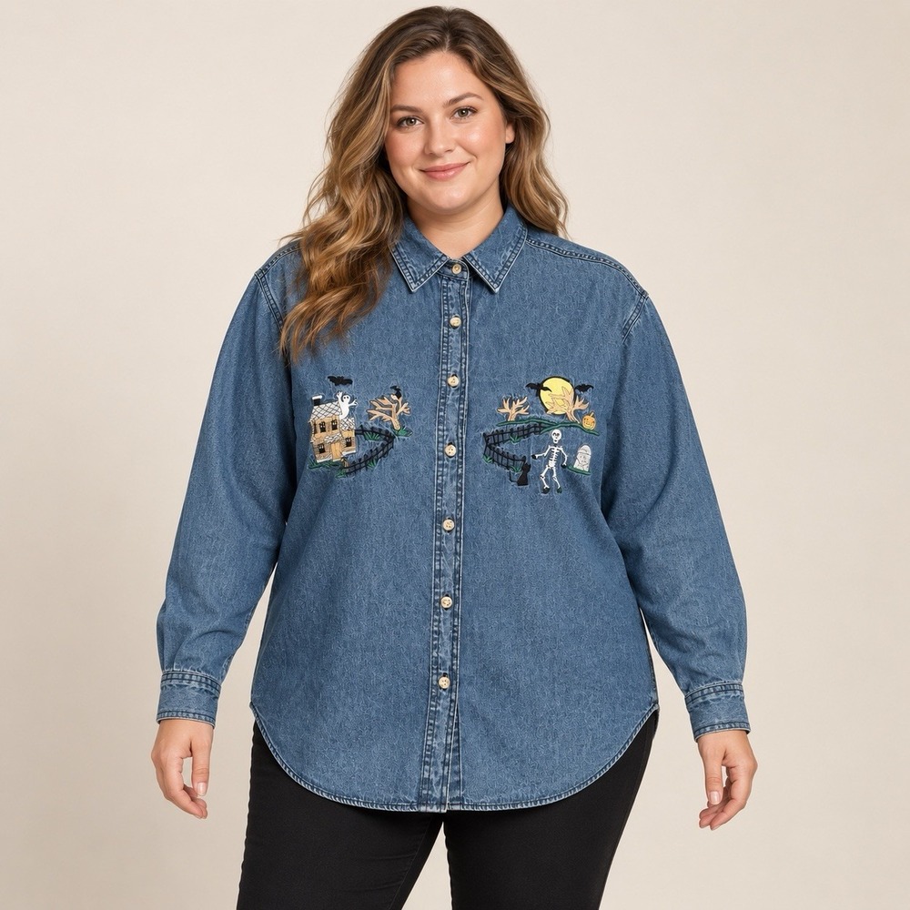 Womens Large Halloween Denim Shirt Embroidered Haunted House Skeleton